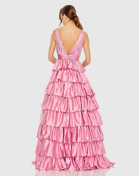 Ruffle Tiered Pleated Sleeveless V Neck Gown - Pink