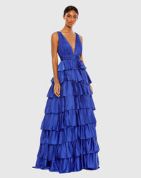Mac Duggal Blue Ruffle Tiered Pleated Sleeveless V Neck Gown #67994 Cobalt