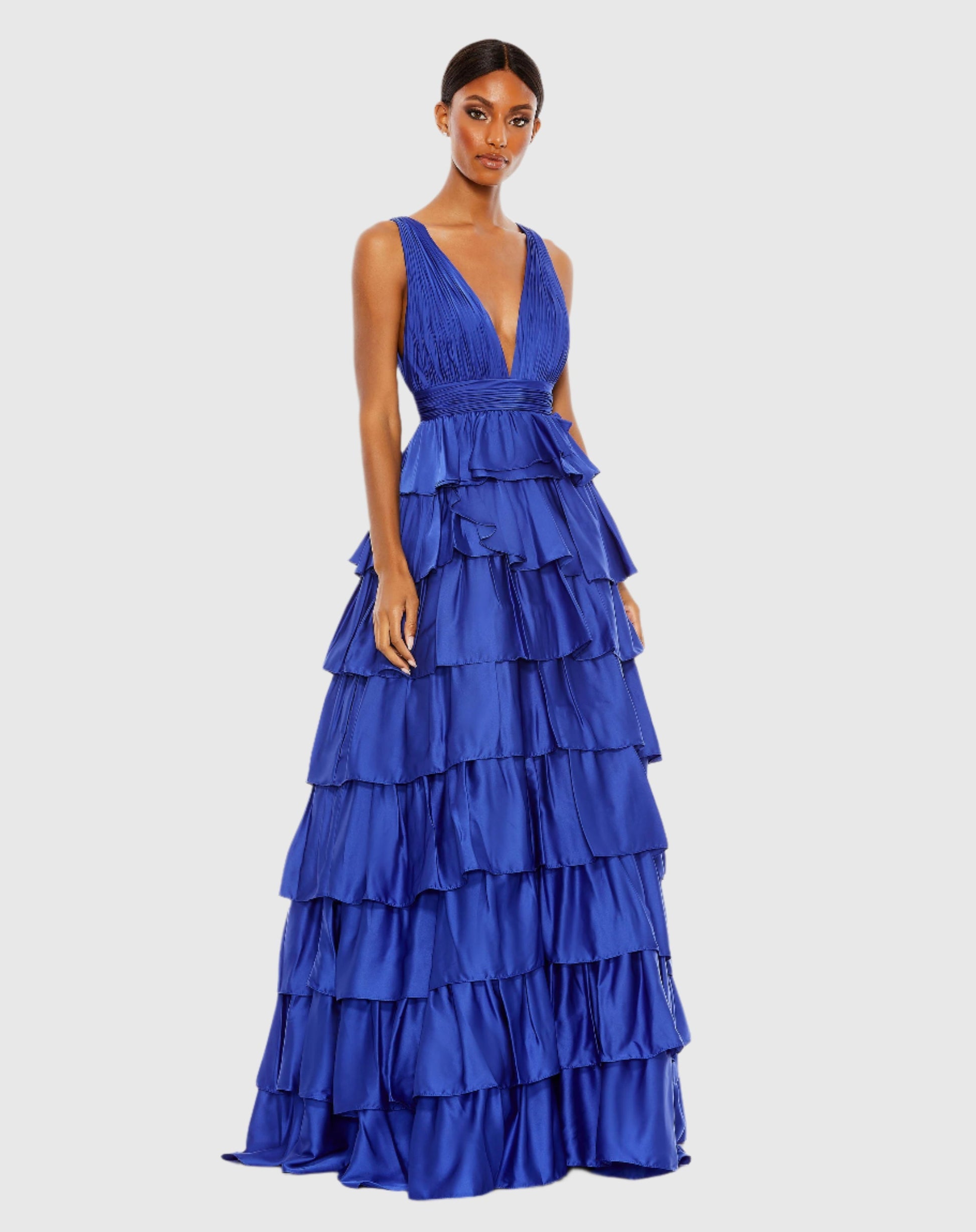 Mac Duggal Blue Ruffle Tiered Pleated Sleeveless V Neck Gown #67994 Cobalt