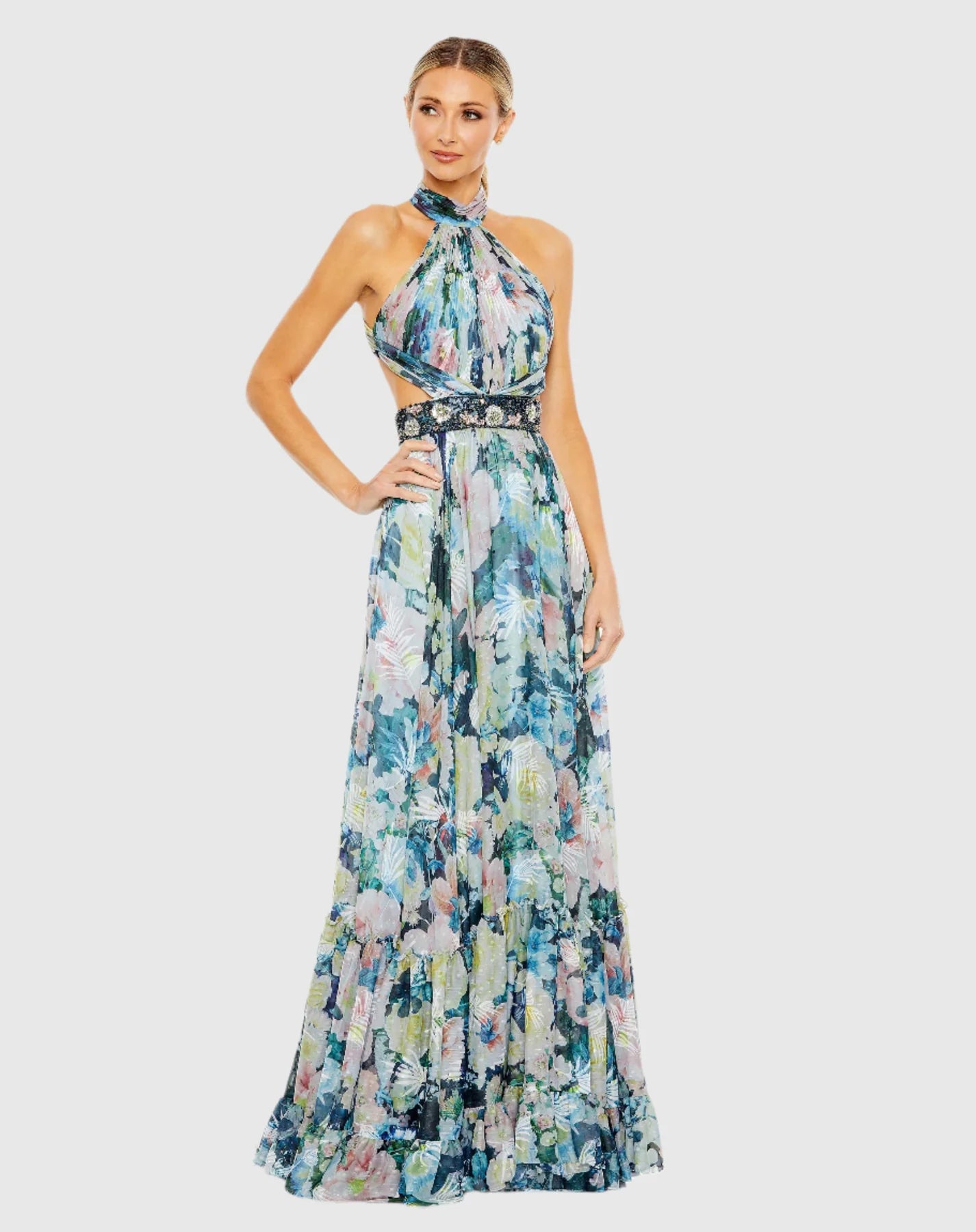 Mac Duggal Floral Print Halter Cut Out Maxi Dress - Pastel Blue #68089