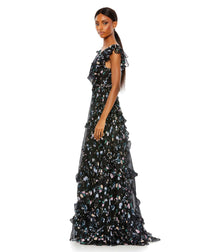 Mac Duggal Style #68090 Floral ruffle A-line cap sleeve dress - black side view
