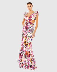 Mac Duggal Floral Print Ruffle Shoulder Cut Out Gown #68107 Floral