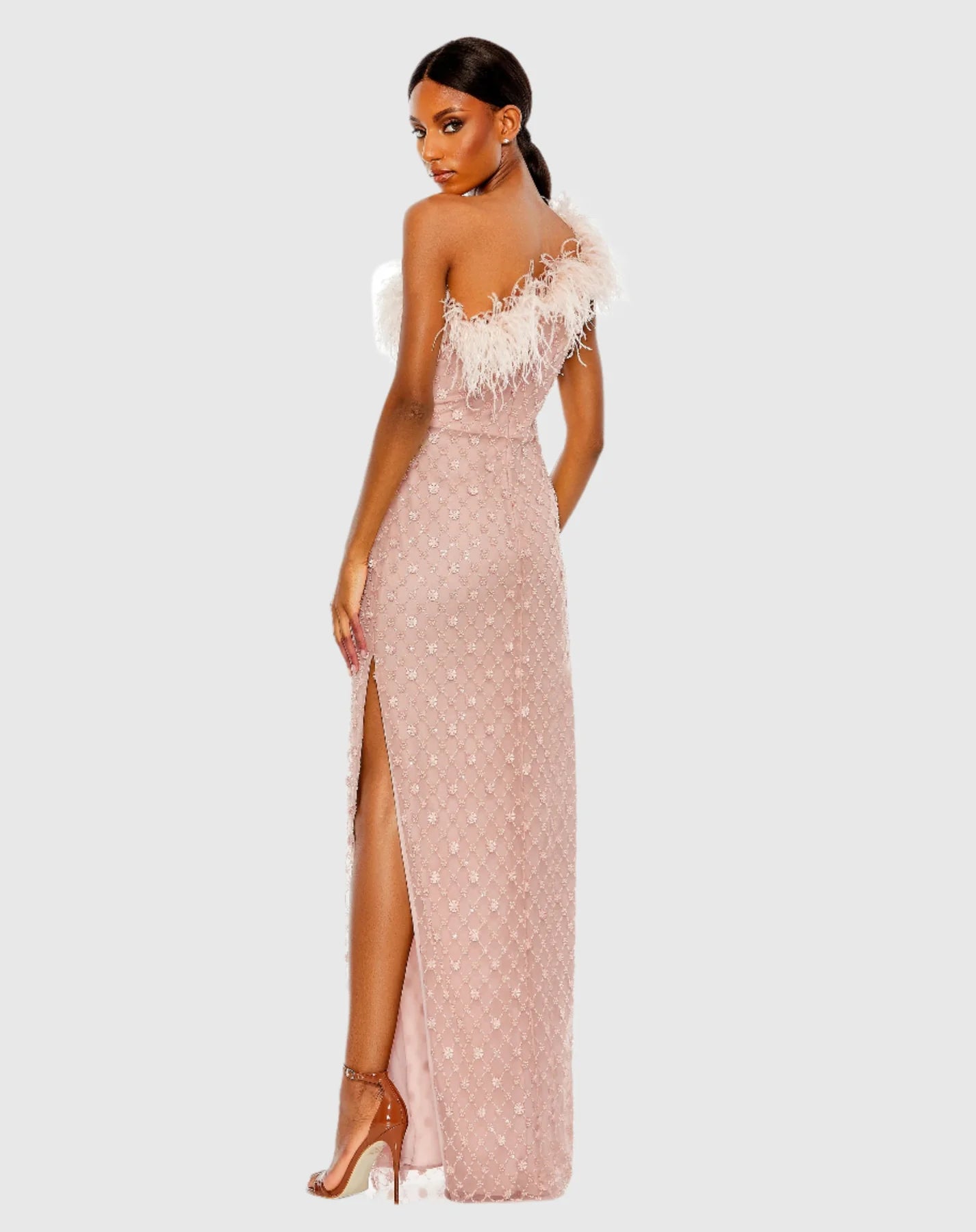 One shoulder gown with ostrich feathers - Rose