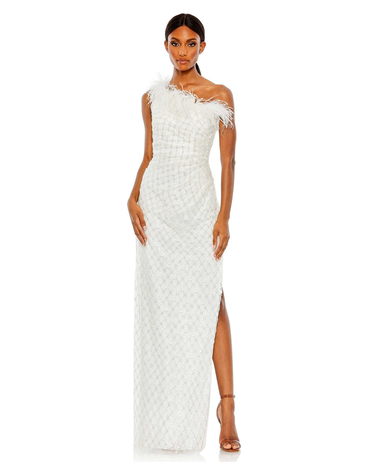 Mac Duggal Style #68139 Embellished one shoulder gown with ostrich feathers - White