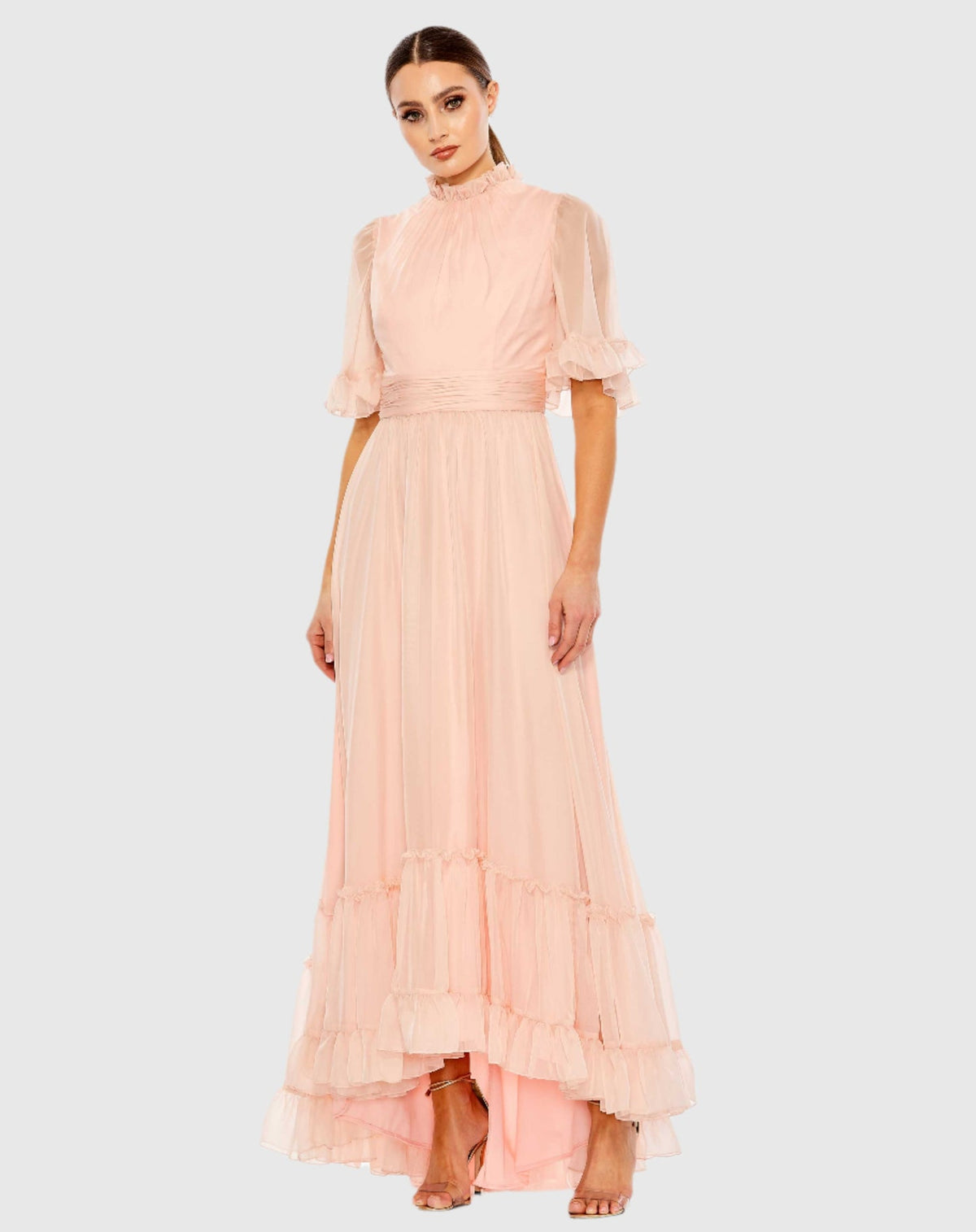 Mac Duggal, Floral Print Midi Modest Dress - Nude