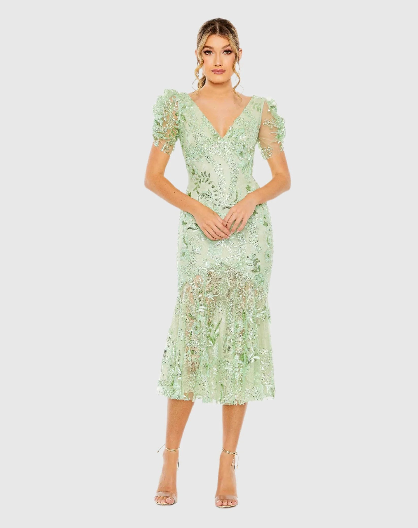 Mac Duggal Green Puff Sleeve V Neck Floral Embellished Dress Mint #68266