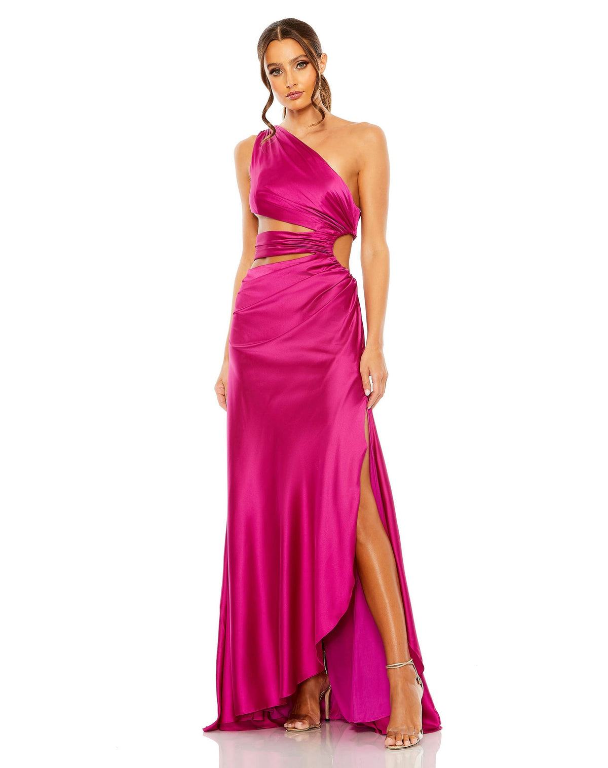 Style #68485 Mac Duggal Magenta CUT OUT ONE SHOULDER SATIN GOWN