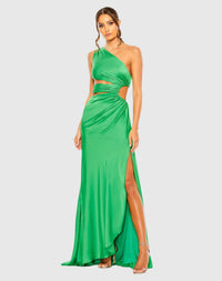 Mac Duggal Cut Out One Shoulder Satin Gown #68485 Green