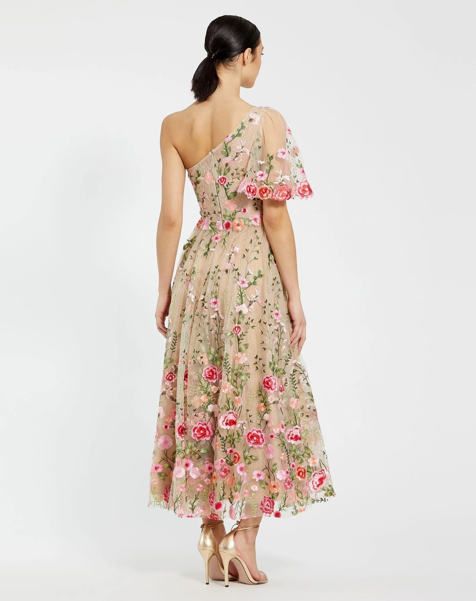 One Shoulder Lace Embroidered Dress - Yellow