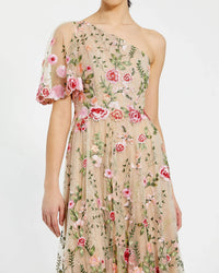 One Shoulder Lace Embroidered Dress - Yellow