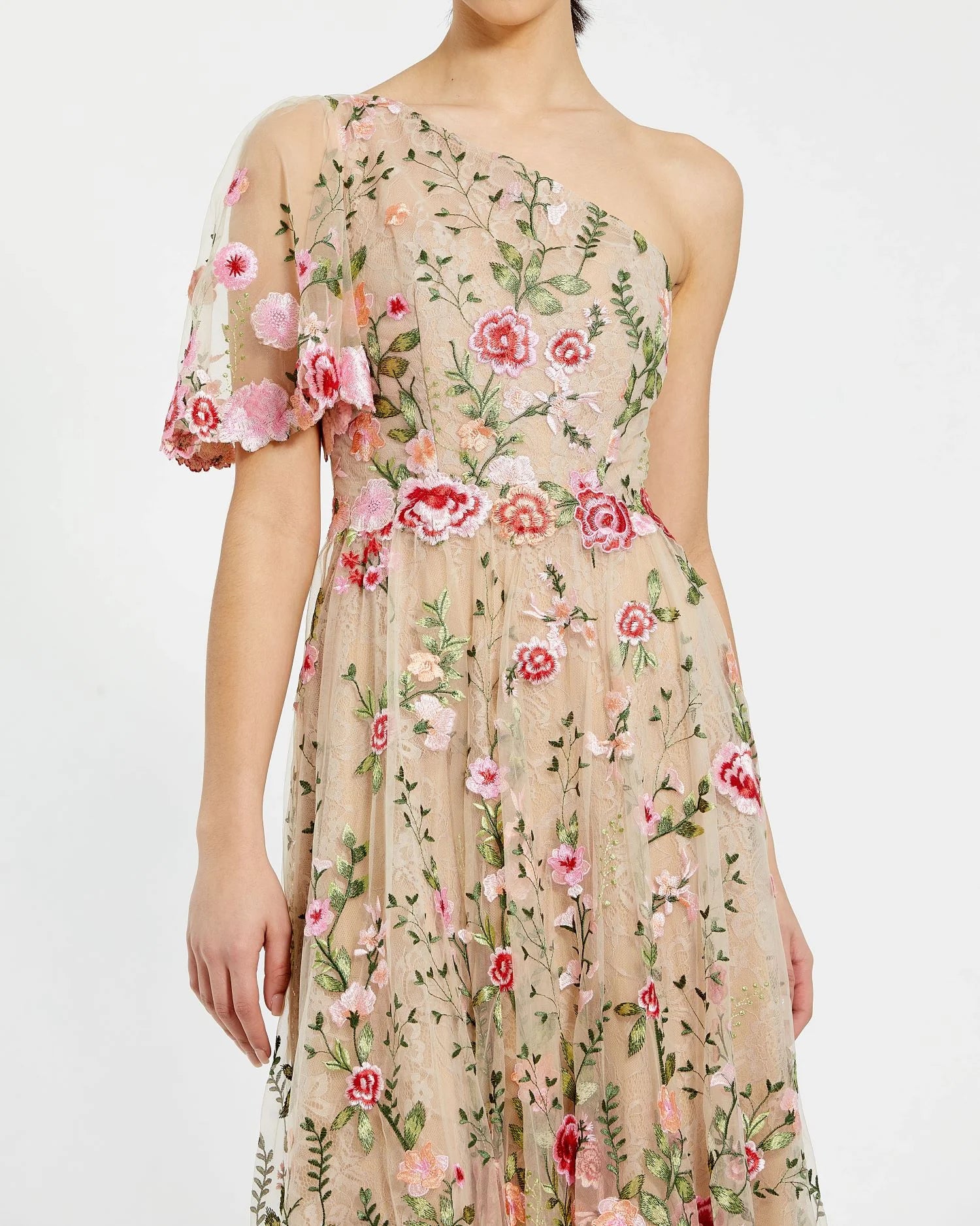 One Shoulder Lace Embroidered Dress - Yellow