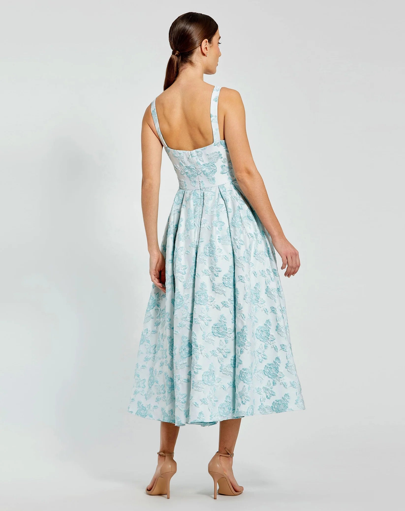 Sleeveless Bow Detail Floral Brocade Dress - Seafoam
