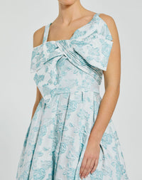 Sleeveless Bow Detail Floral Brocade Dress - Seafoam