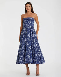 Floral Brocade Strapless A Line Midi Dress - Blue