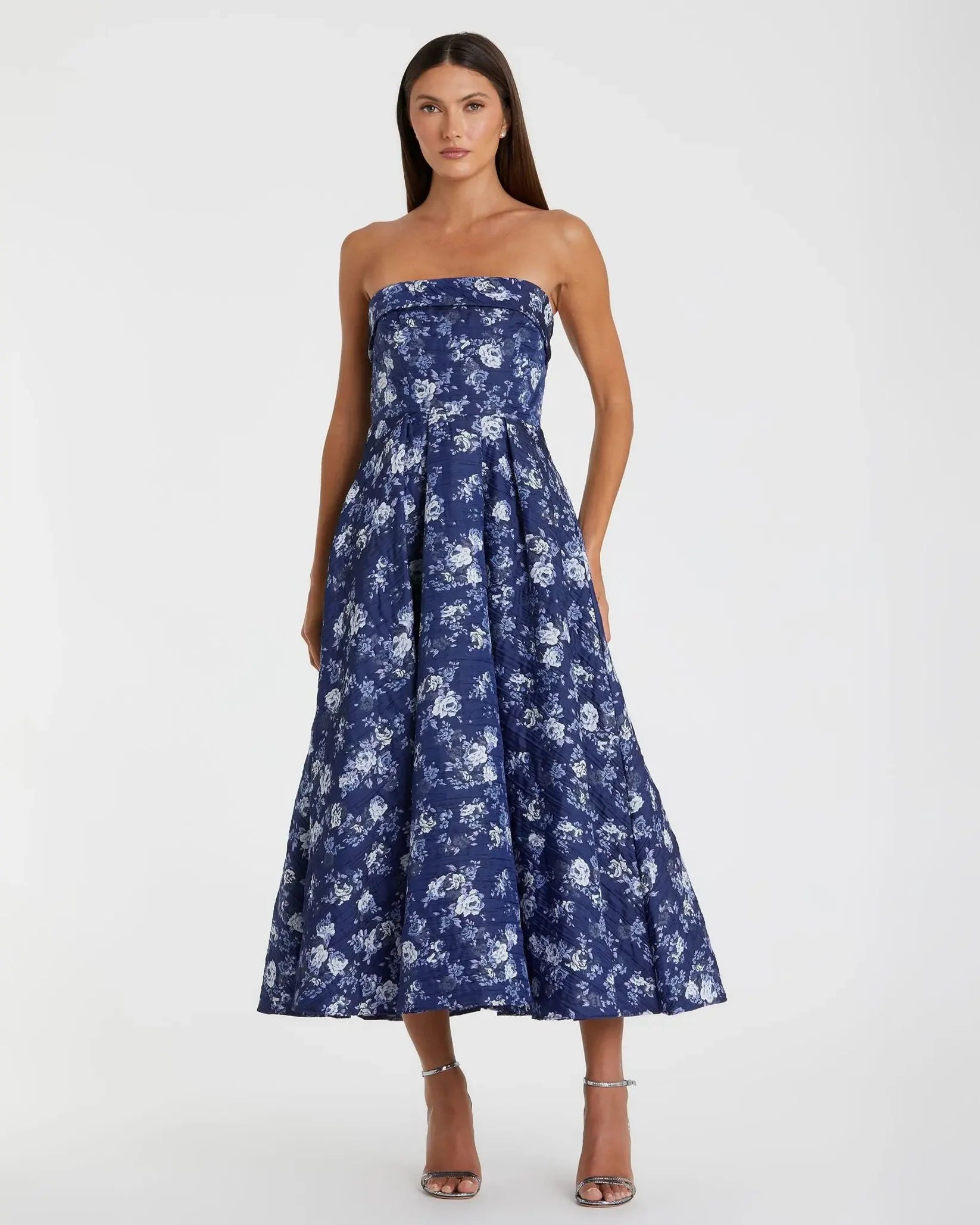 Floral Brocade Strapless A Line Midi Dress - Blue
