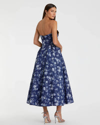 Floral Brocade Strapless A Line Midi Dress - Blue