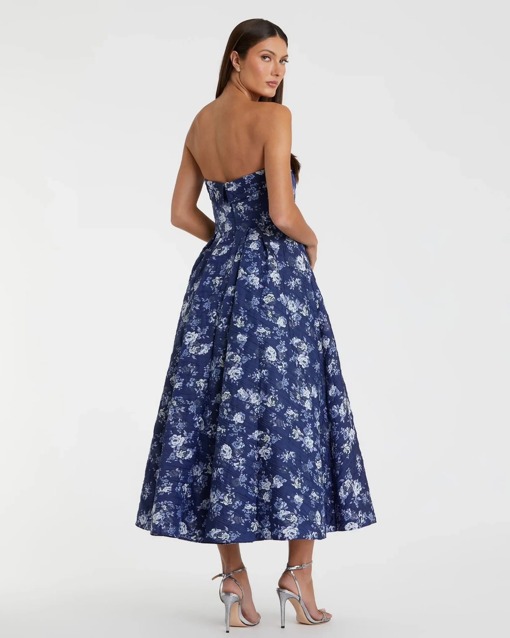 Floral Brocade Strapless A Line Midi Dress - Blue