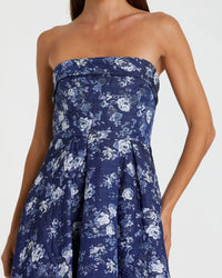 Floral Brocade Strapless A Line Midi Dress - Blue