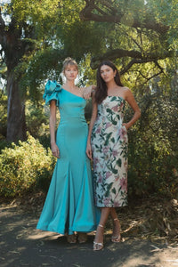 One Shoulder Bustier Satin Mermaid Gown - Teal