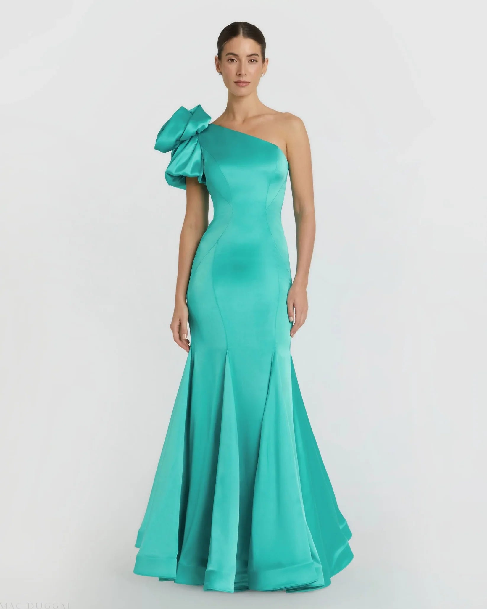 Mac Duggal Green One Shoulder Bustier Satin Mermaid Gown Teal #68703 model front