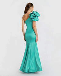 One Shoulder Bustier Satin Mermaid Gown - Teal