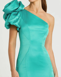 One Shoulder Bustier Satin Mermaid Gown - Teal