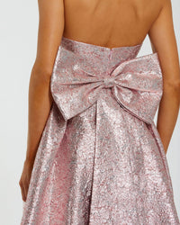 Metallic Strapless Brocade Bow Gown - Raspberry