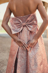 Metallic Strapless Brocade Bow Gown - Raspberry