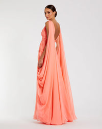 V-Neck A-Line Chiffon Gown with Draped Details - Coral