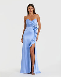 Mac Duggal Blue Strapless Satin Column Gown With 3D Flower Ice Blue #68872