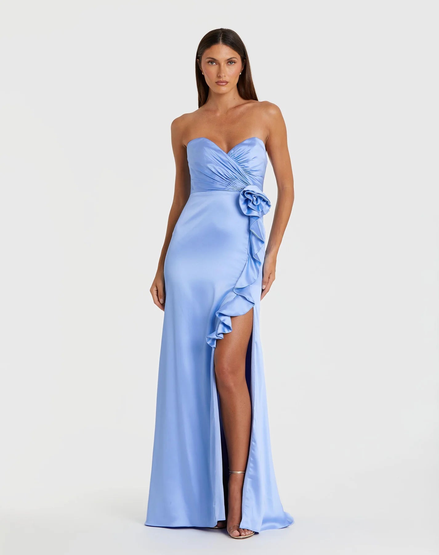 Mac Duggal Blue Strapless Satin Column Gown With 3D Flower Ice Blue #68872