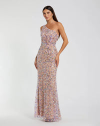 Mac Duggal Pink Floral Embellished One Shoulder Gown #68889