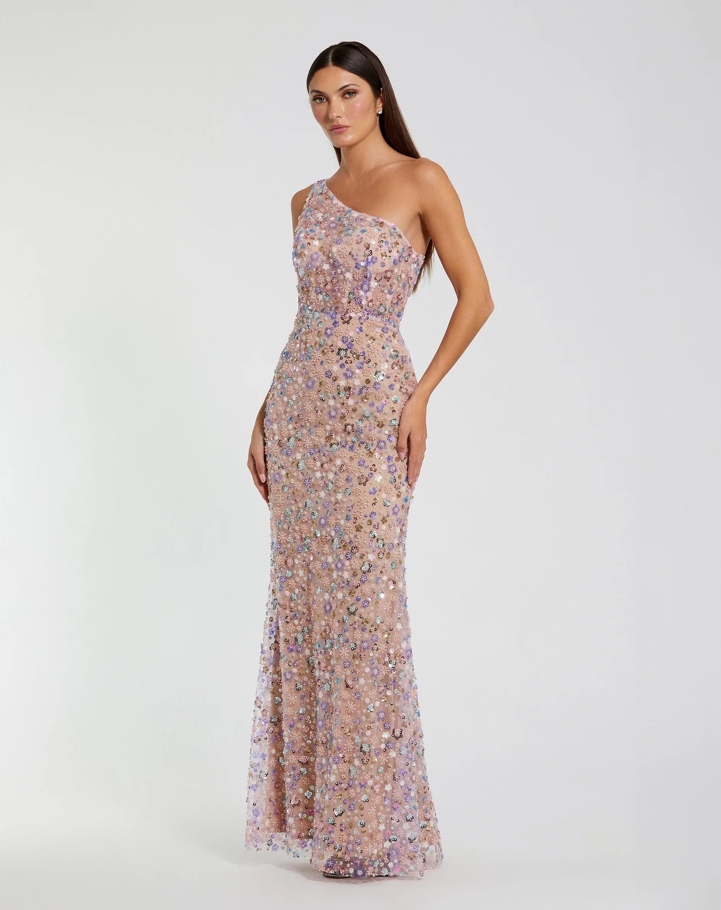 Mac Duggal Pink Floral Embellished One Shoulder Gown #68889