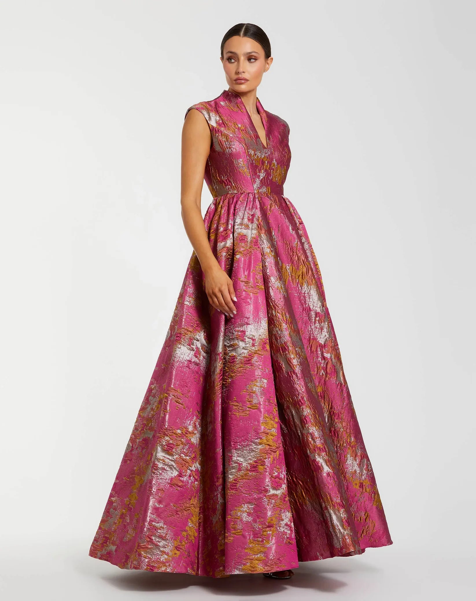 Mac Duggal Pink Metallic Jacquard Ball Gown with Mandarin Collar and Cap Sleeves Raspberry Multi #68956