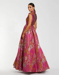 Metallic Jacquard Ball Gown Mandarin Collar Cap Sleeves - Pink