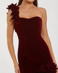Dark Velvet One Shoulder Trumpet Gown Flower - Red
