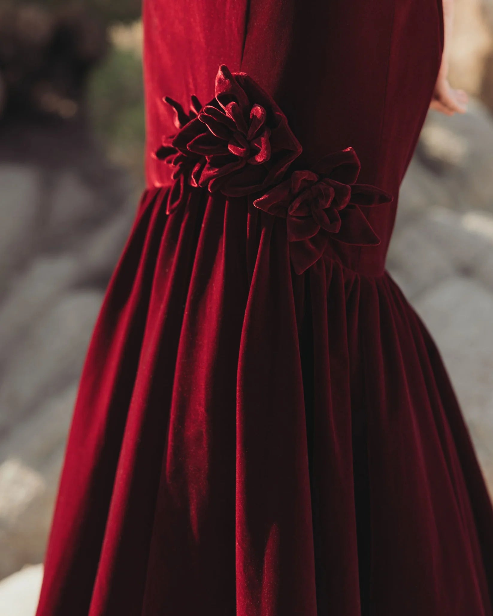 Dark Velvet One Shoulder Trumpet Gown Flower - Red