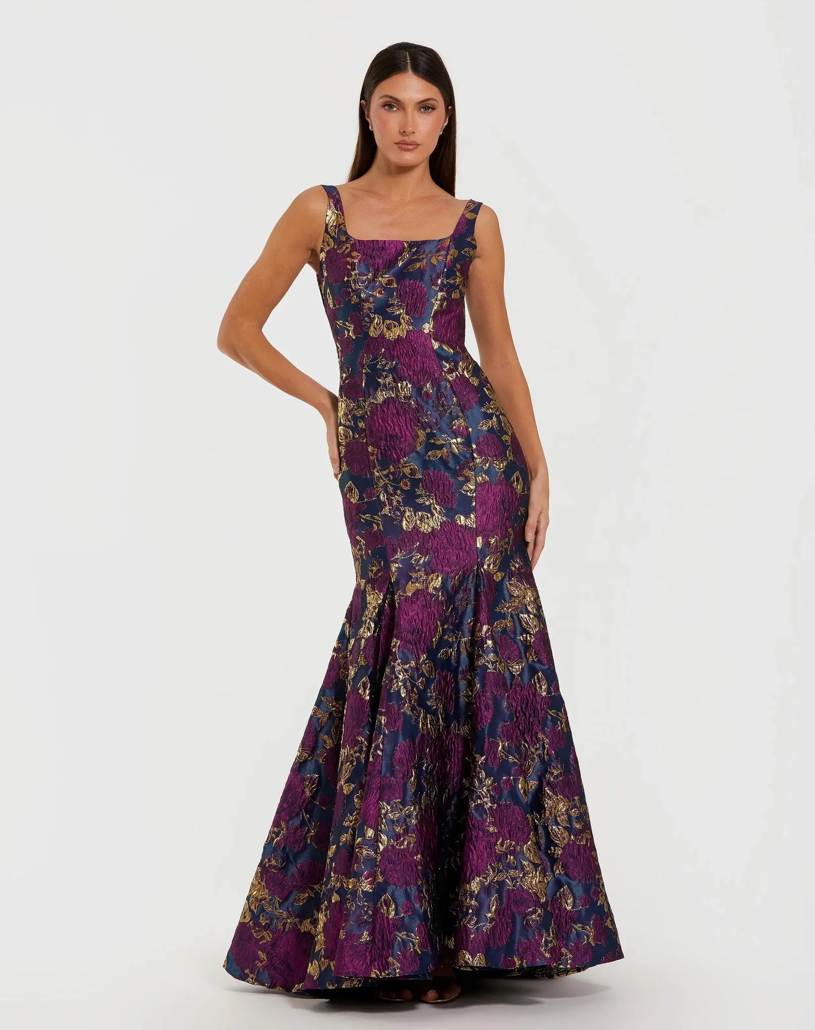 Mac Duggal Navy Multicolor Sleeveless Brocade Trumpet Gown Navy Mutli #69001