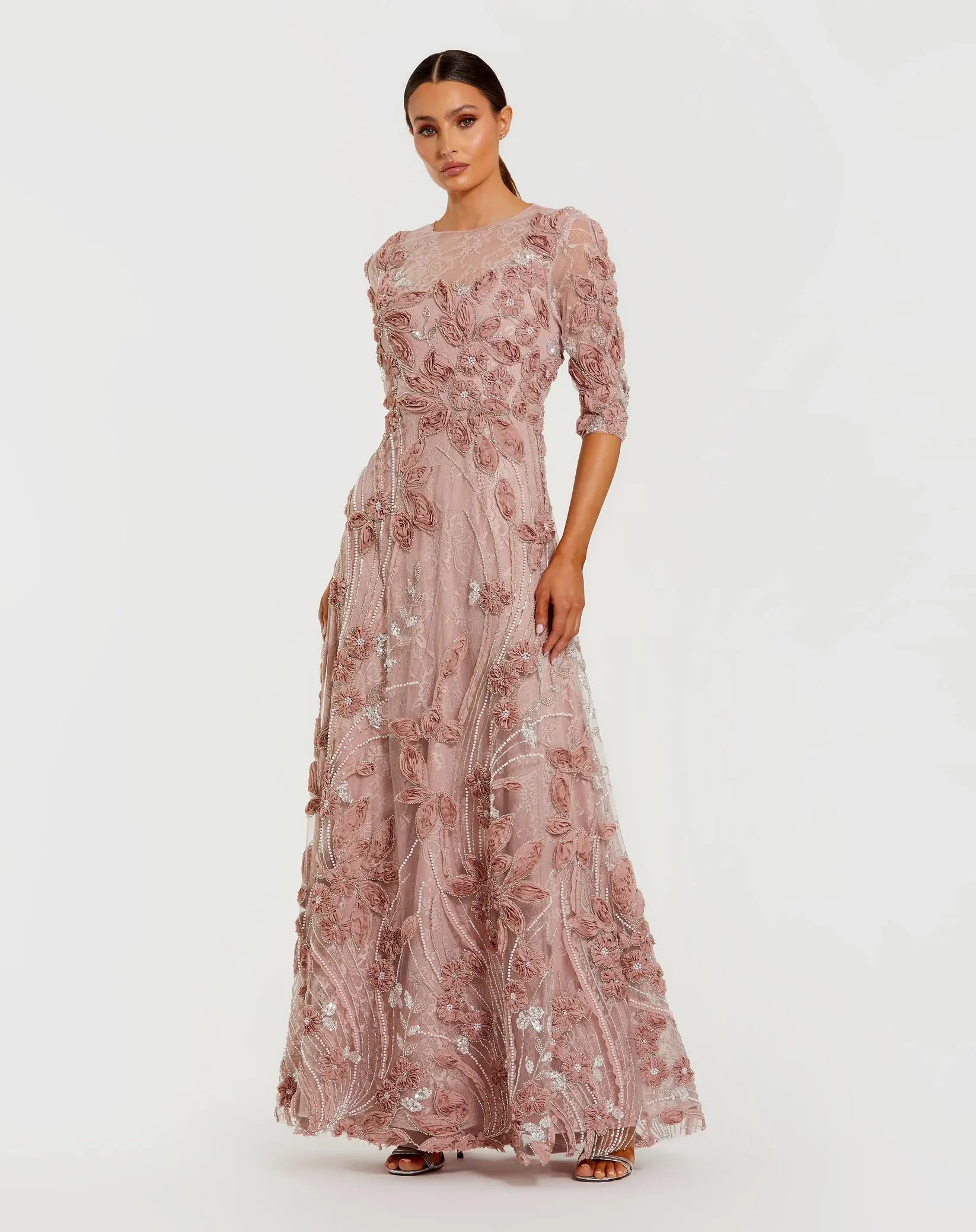 Mac Duggal Pink High Neck Embellished Lace Gown with 3/4 Sleeves #69016 Mocha