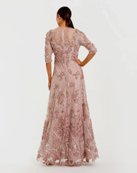High Neck Embellished Lace Gown with 3/4 Sleeves - Pink