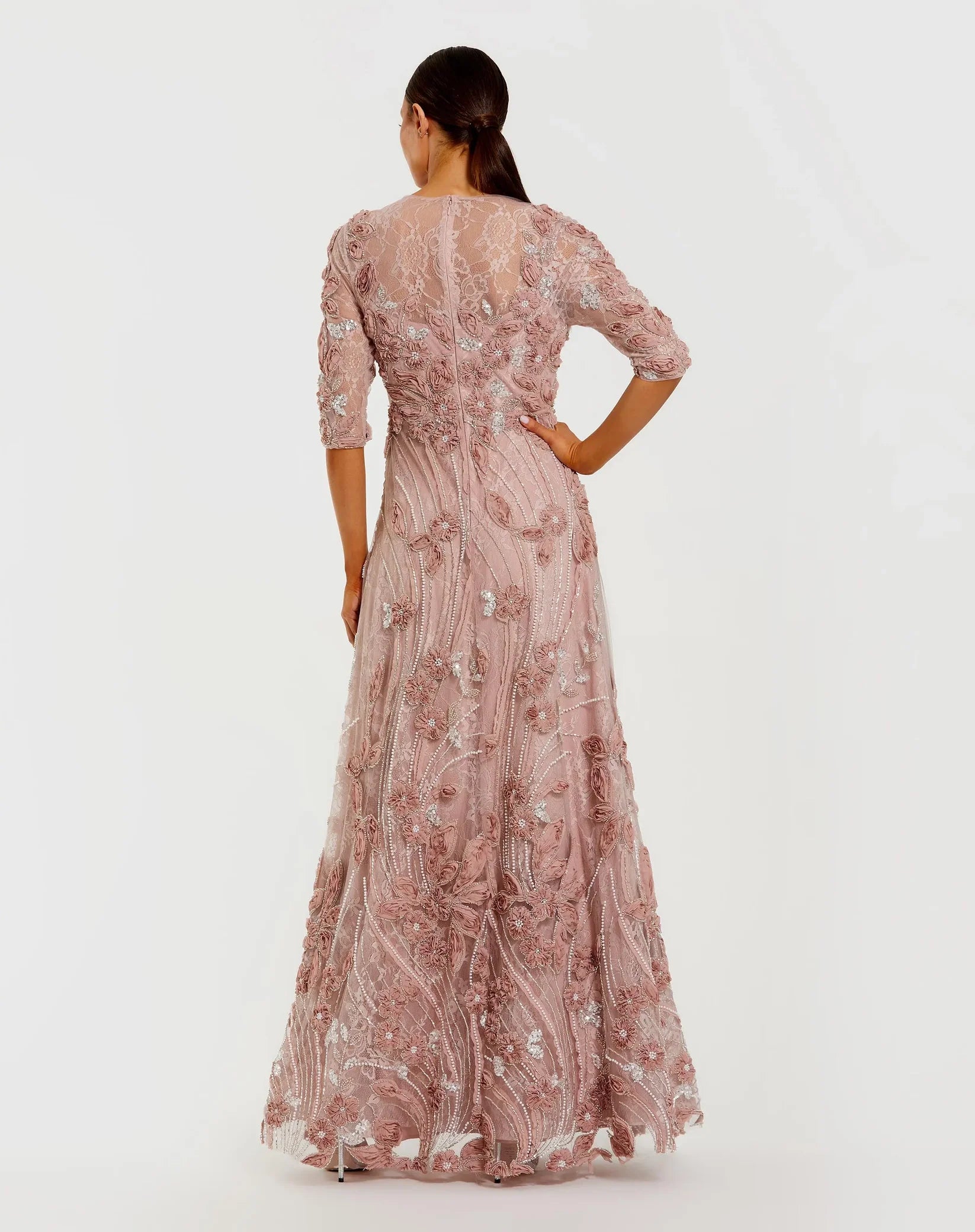 High Neck Embellished Lace Gown with 3/4 Sleeves - Pink