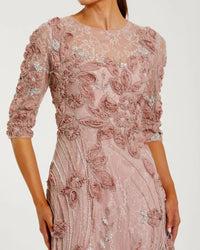 High Neck Embellished Lace Gown with 3/4 Sleeves - Pink
