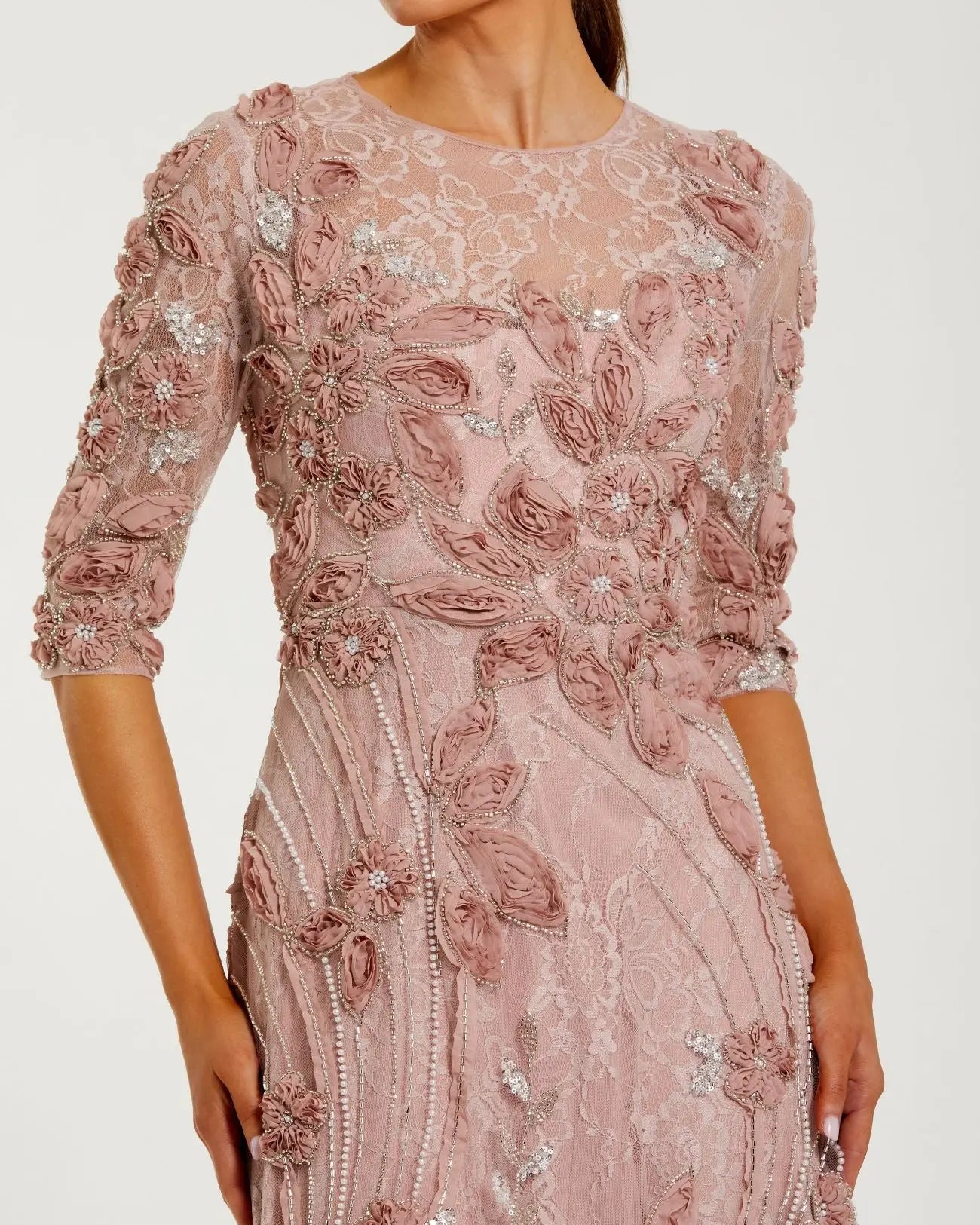 High Neck Embellished Lace Gown with 3/4 Sleeves - Pink