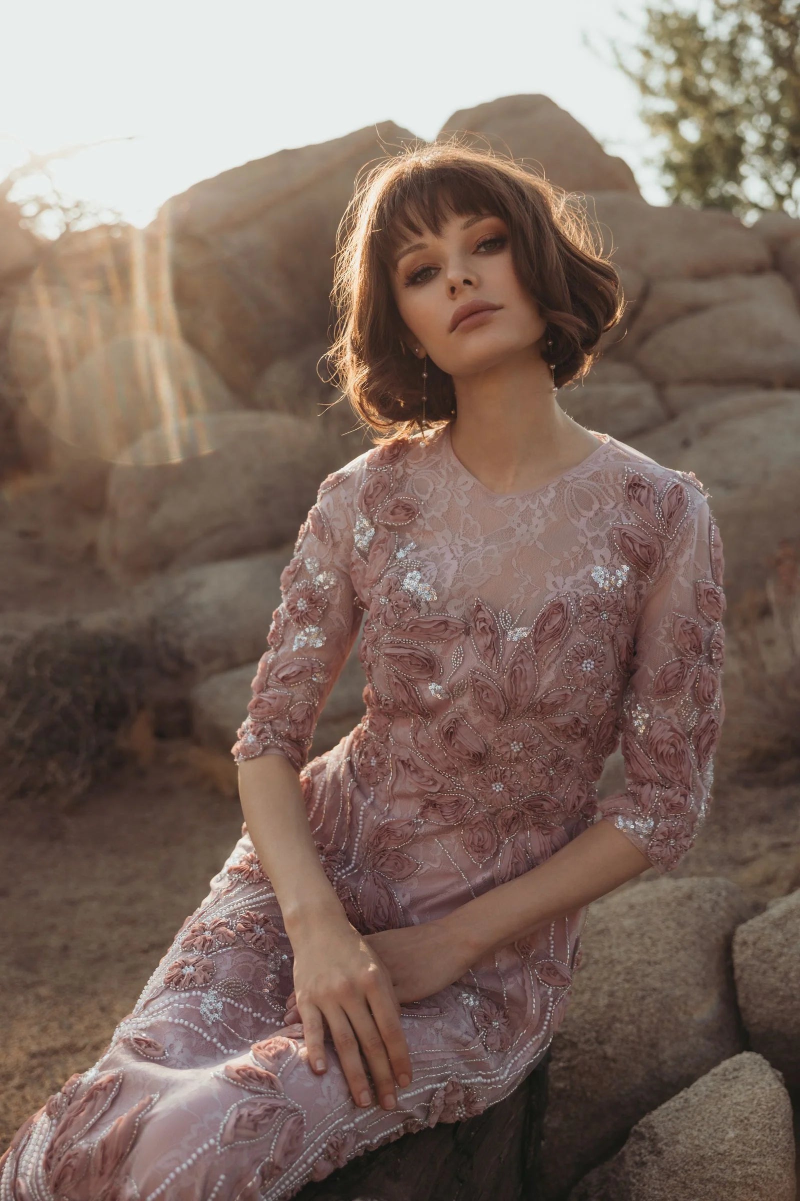 High Neck Embellished Lace Gown with 3/4 Sleeves - Pink