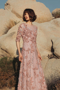 High Neck Embellished Lace Gown with 3/4 Sleeves - Pink