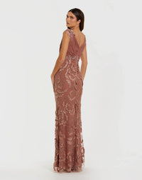 Floral Beaded Chiffon V-Neck Evening Gown - Pink