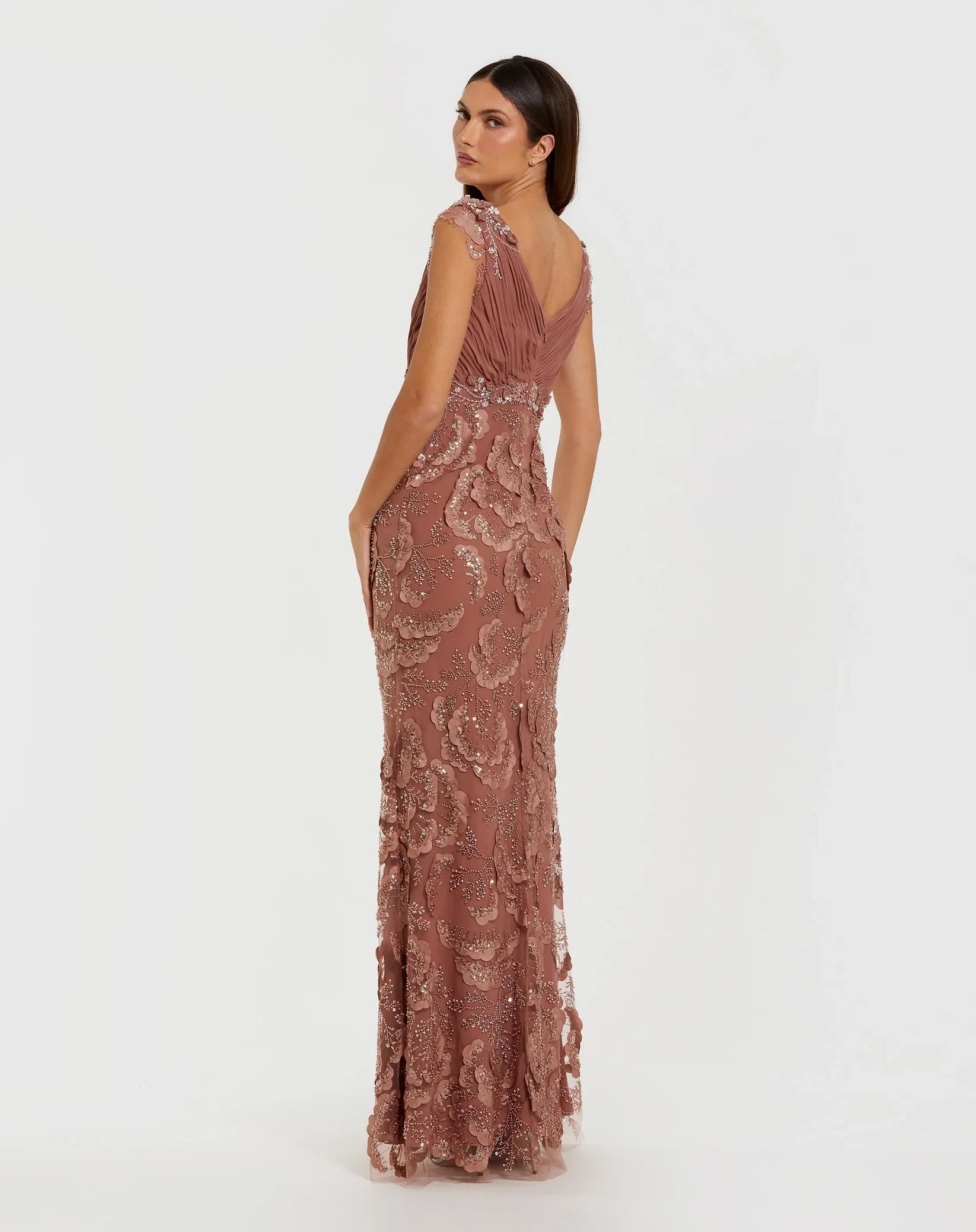 Floral Beaded Chiffon V-Neck Evening Gown - Pink