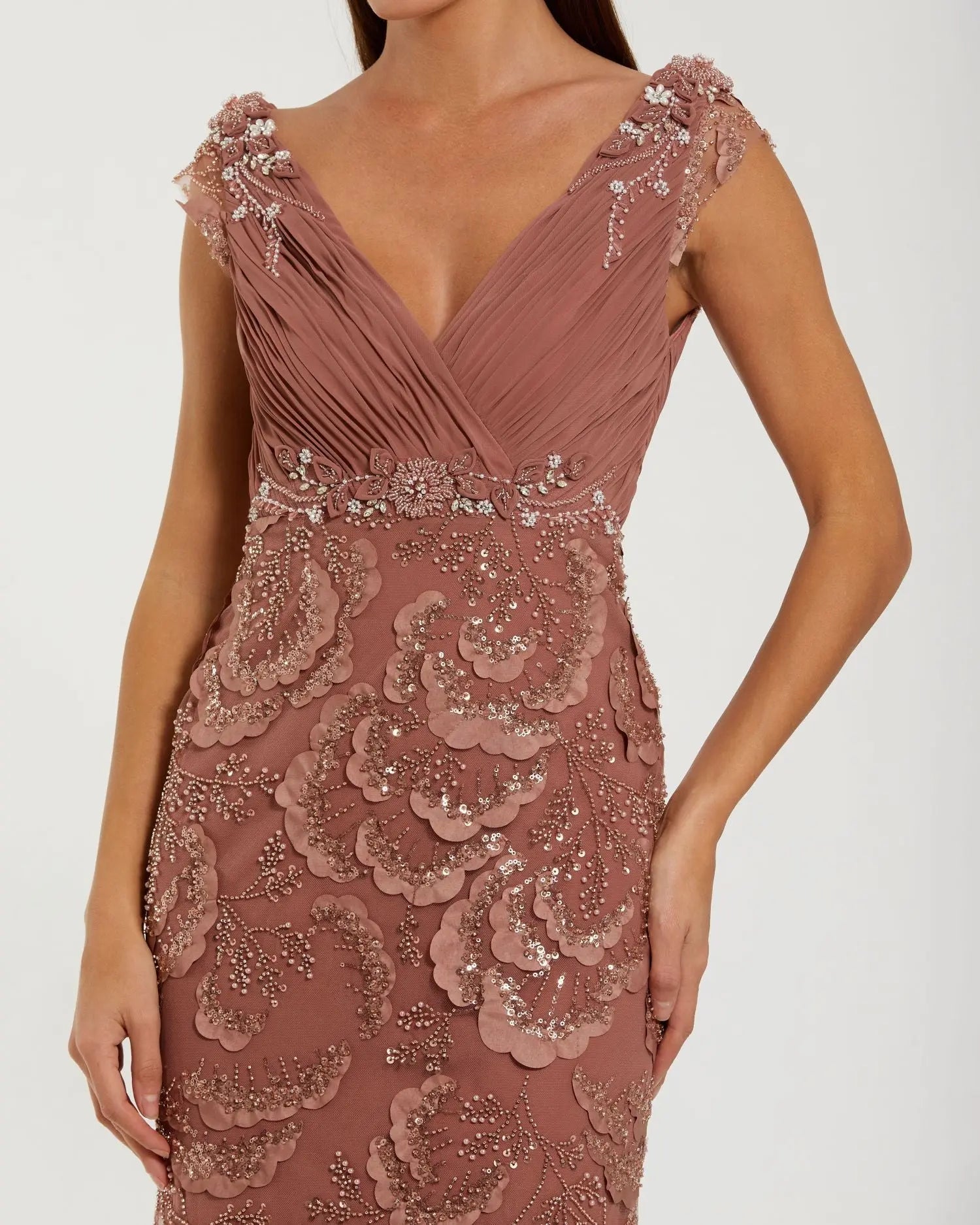 Floral Beaded Chiffon V-Neck Evening Gown - Pink