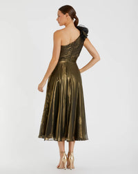 Rosette One Shoulder Tea Length Dress - Gold