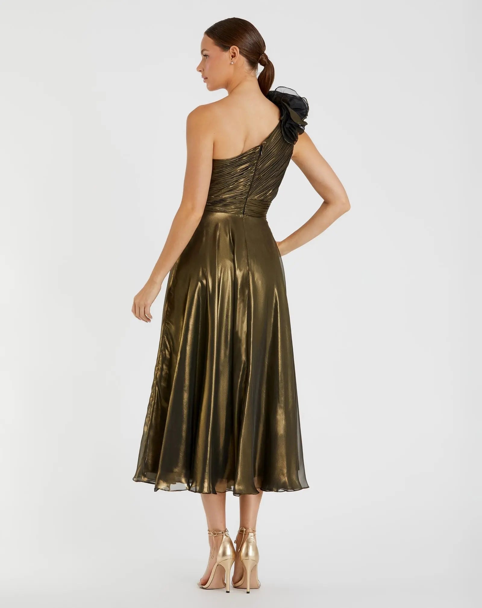 Rosette One Shoulder Tea Length Dress - Gold